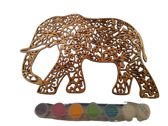 Decorative wooden elephant with intricate patterns with a set of colorful paint pots