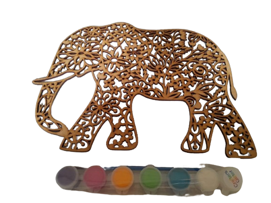 Decorative wooden elephant with intricate patterns with a set of colorful paint pots 